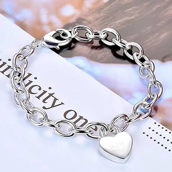 Boho Sterling Silver Heart Lock Pendant Necklace Bracelet Set - Picture 6 of 6